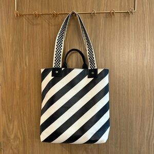 Clara V annie leather striped tote bag with checkered straps